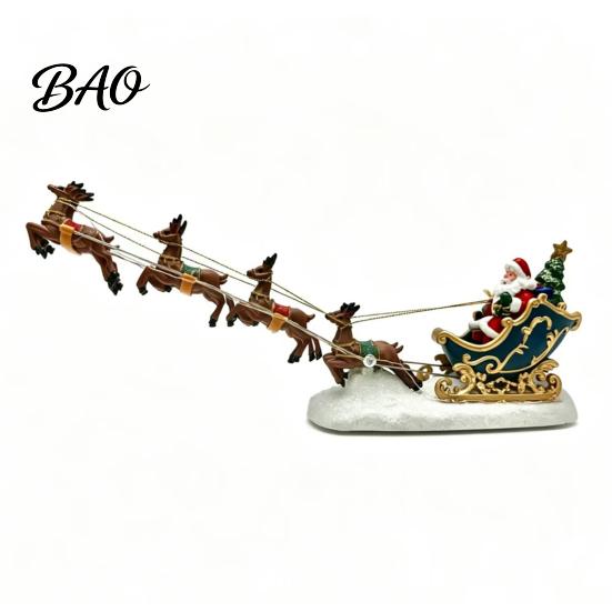 Colorful LED Holiday Lights Christmas Deer Pulling Sled Figurine, Santa Reindeer Scene Decor with Home Fireplace Ornaments Lights, Tabletop