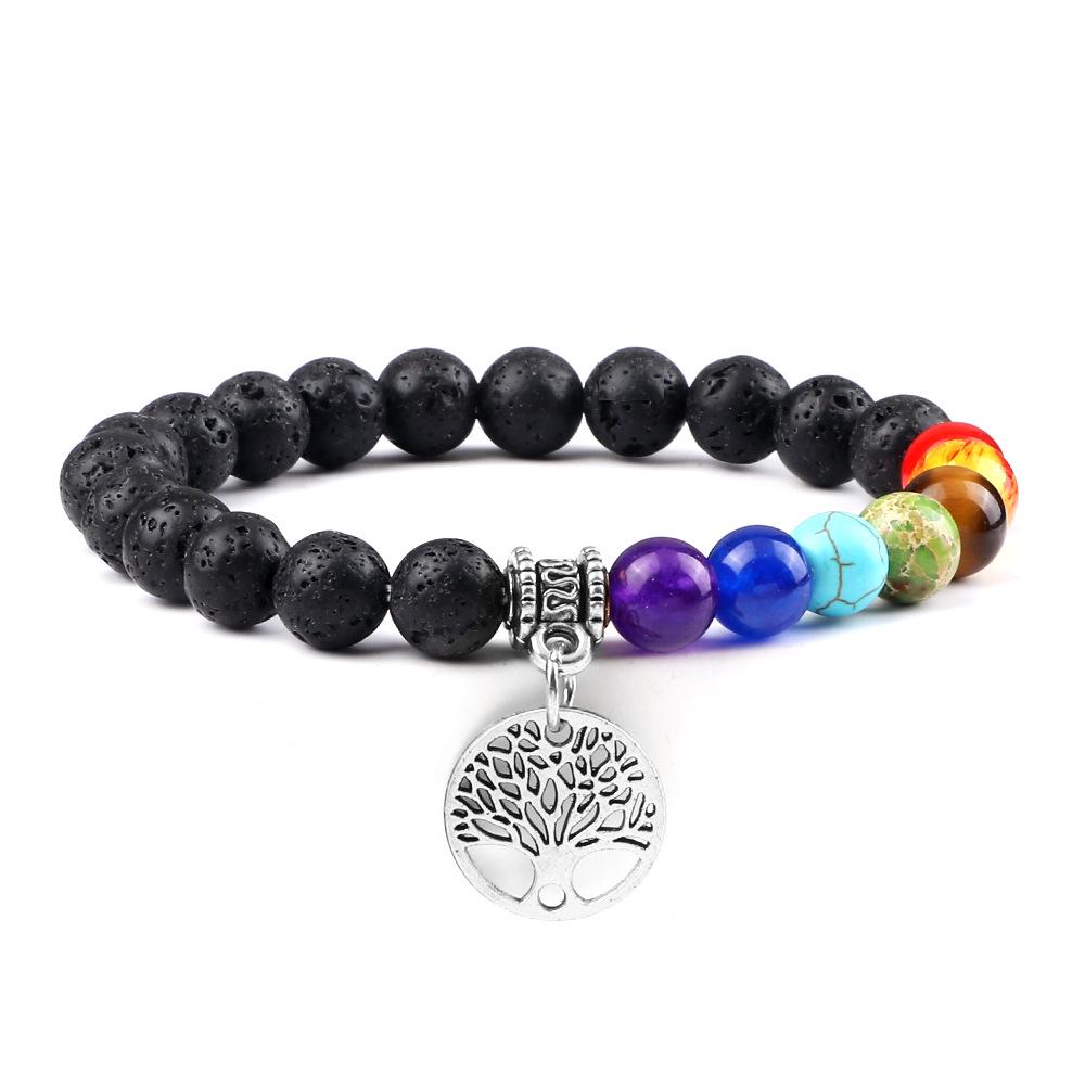 European & American Cross-Border E-commerce Creative 8mm Bead Bracelet with Volcanic Lava & Wooden Beads featuring an Alloy Tree of Life Pendant.
