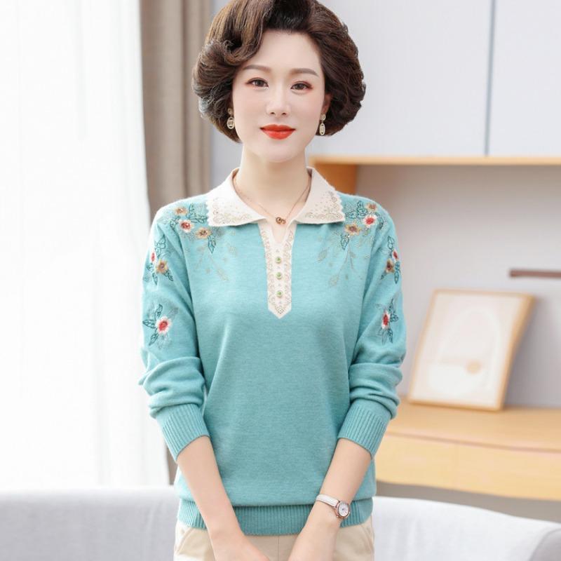 Mom Lapel Knitted Sweater Medium and Old Spring Long-sleeved Sweater Bottoming Shirt Middle-aged Women's New Thin Sweater