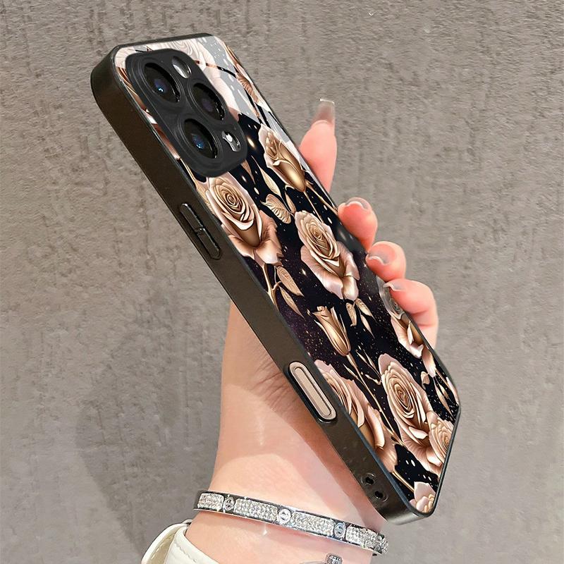 Gradient Glitter Rose Pattern Tempered Glass Phone Case For iPhone 17 16 15 14 13 12 11 Pro Max 17Air 16E 7 8 Plus XR XS X Cover