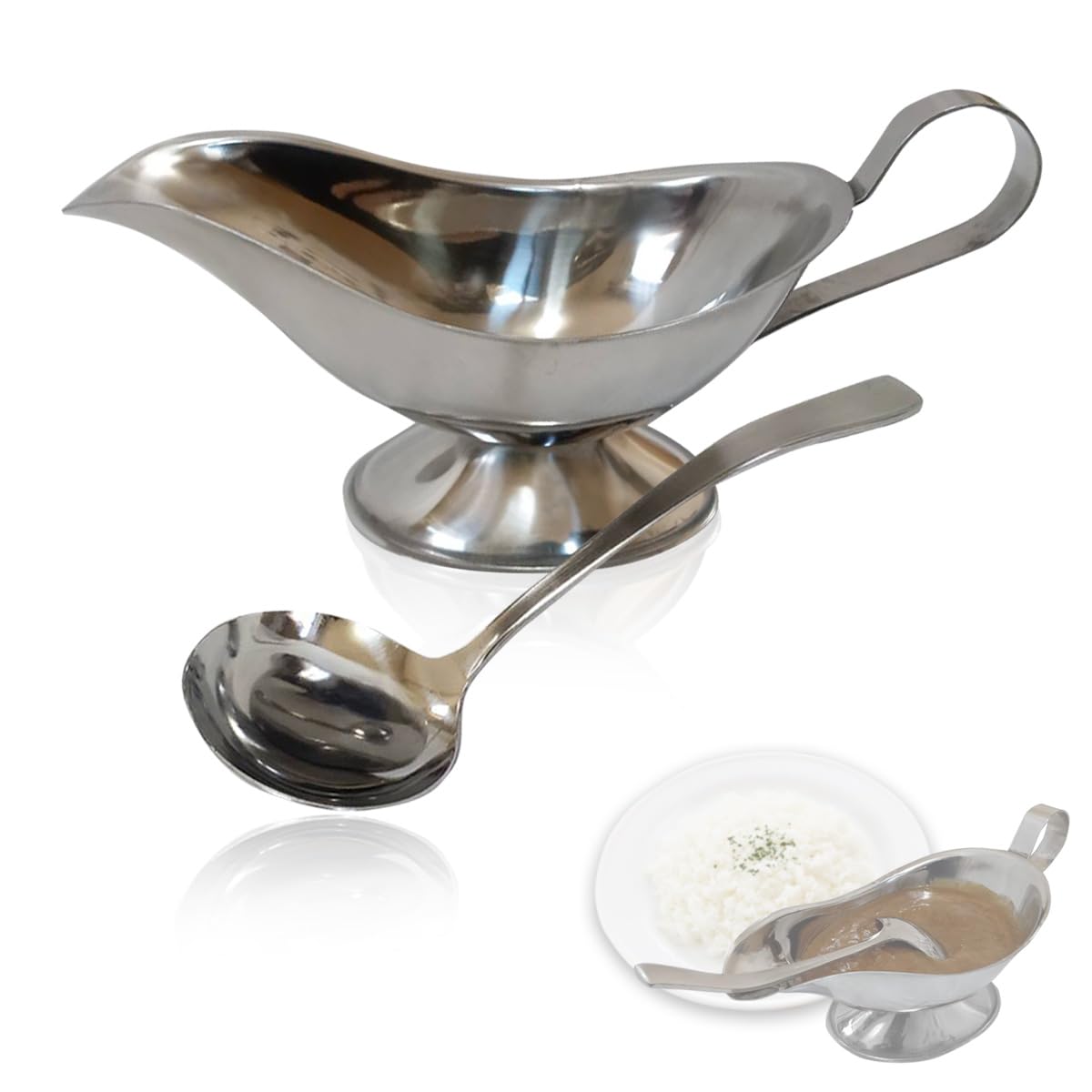 MMmall Curry Sauce Pot with Curry Ladle and Sauce Ladle - Stainless Steel Tableware - Perfect Size for Retort Curry (Regular Serving)