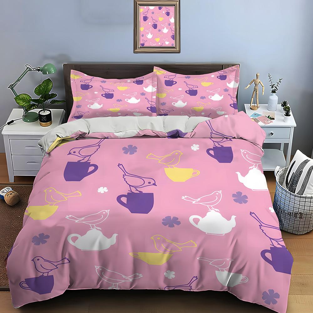 3Pcs Birds And Teaware Pattern Duvet Cover Set Digital Print Colorful Polyester Bedding With Zipper Closur For Kids Gifts