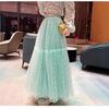 Qooth Women A-line Skirt Wide Hem Polka Dot Chiffon Mid Length Elastic Waist Casual Skirt  QT2632