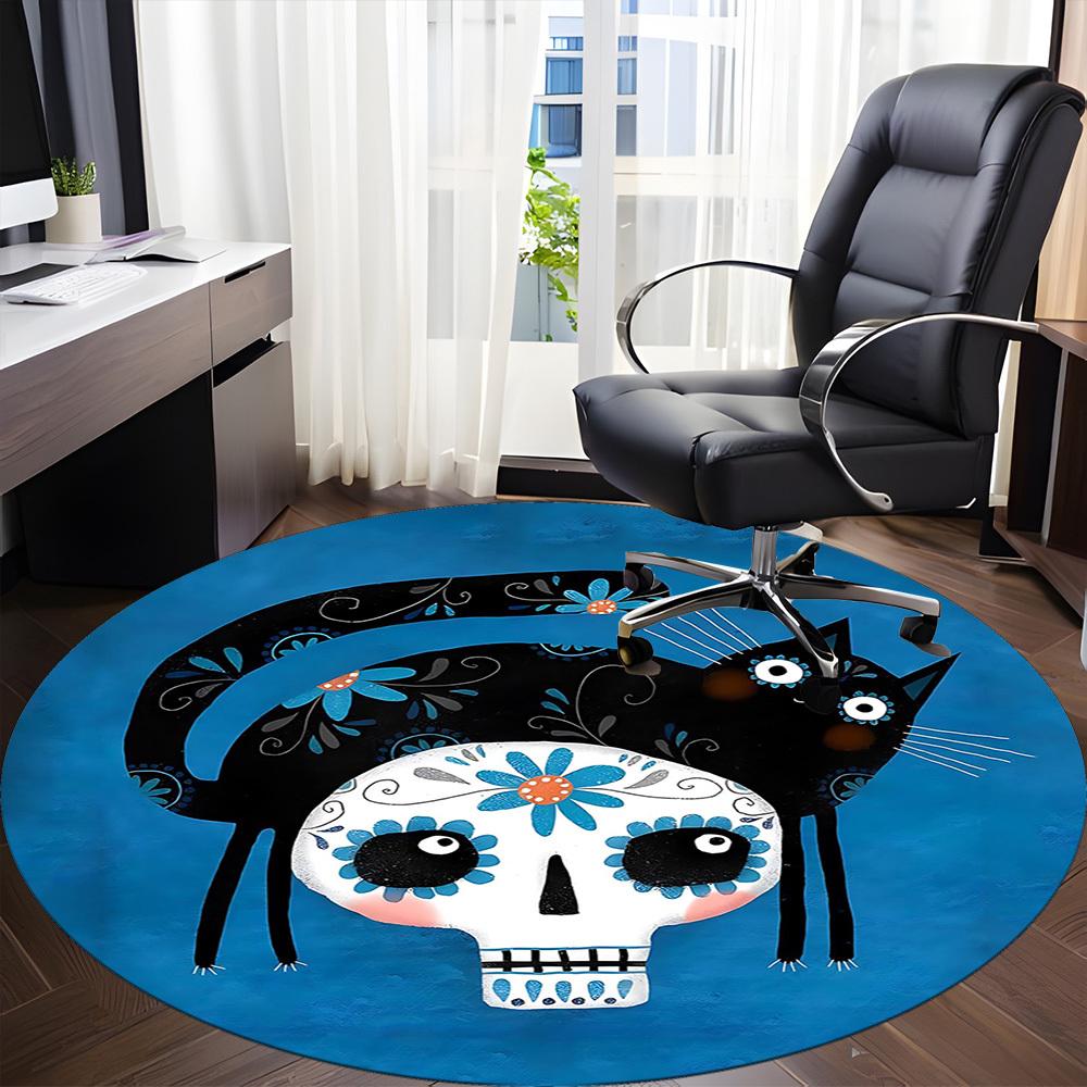 1PCSugar Skull Cat Office Round Area Rug,  Mat Suitable For Office, Under Office Chairs Bedroom Living Room Home Decor, Room Deco