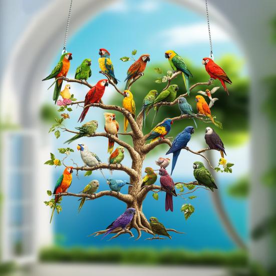 Acrylic Parrot Tree Hanging Decoration 2D Flat Colorful Parrot Indoor Outdoor Christmas Tree Wall Window Hanging Bird Sign Ornament