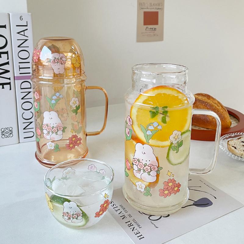 Kawaii Bunny Glass Tea Pot 1000ml Large Teapot Cute Clear Portable Fruit Juice Flower Tea Cold Heat Resistant Water Kettle Gift