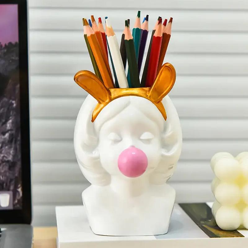 Cute Rabbit Ear Bubble Blowing Girl Pen Holder Multi Functional Storage Pen Holder Office Desktop Stationery Storage Bucket