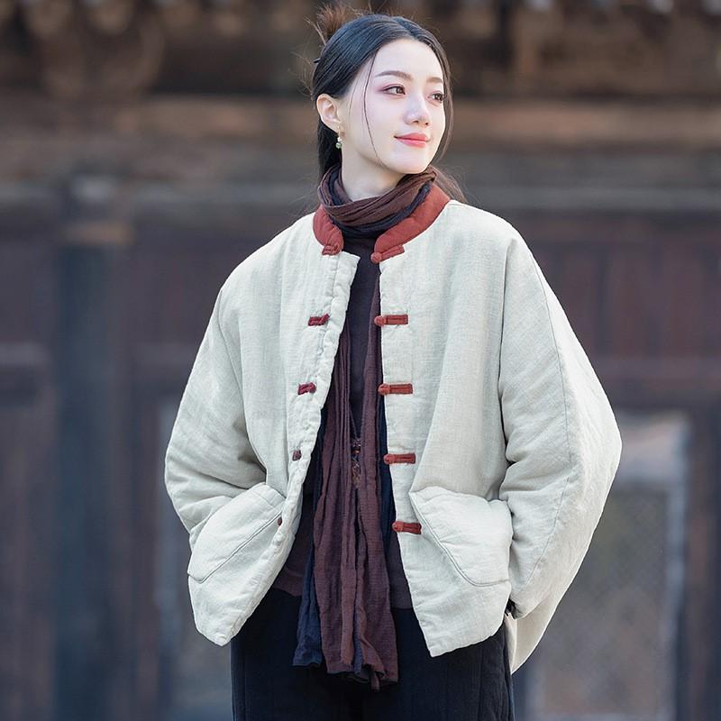 Johnature Chiński Styl Patchwork Kolor Zima dla Kobiet Stójka Guzik Ciepłe Płaszcze Kieszenie Płaszcze