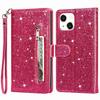 For iPhone 15 Glittery Zipper Pocket Leather Case Wallet Stand Anti-drop Phone Cover