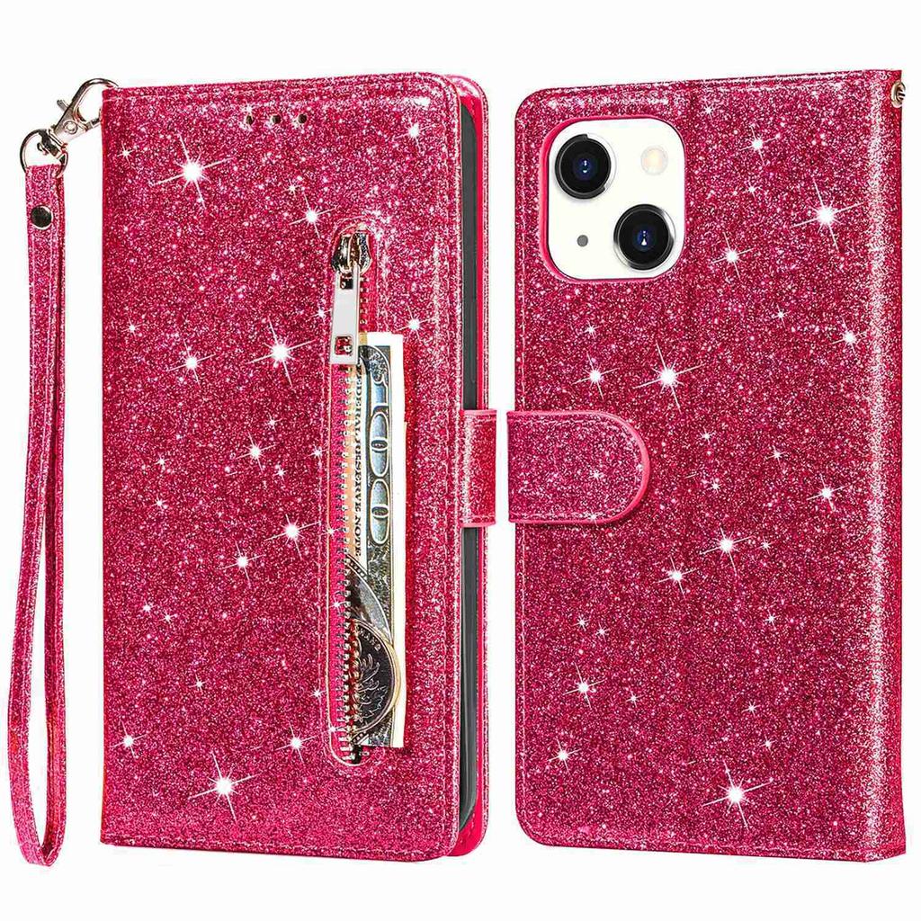 For iPhone 15 Glittery Zipper Pocket Leather Case Wallet Stand Anti-drop Phone Cover