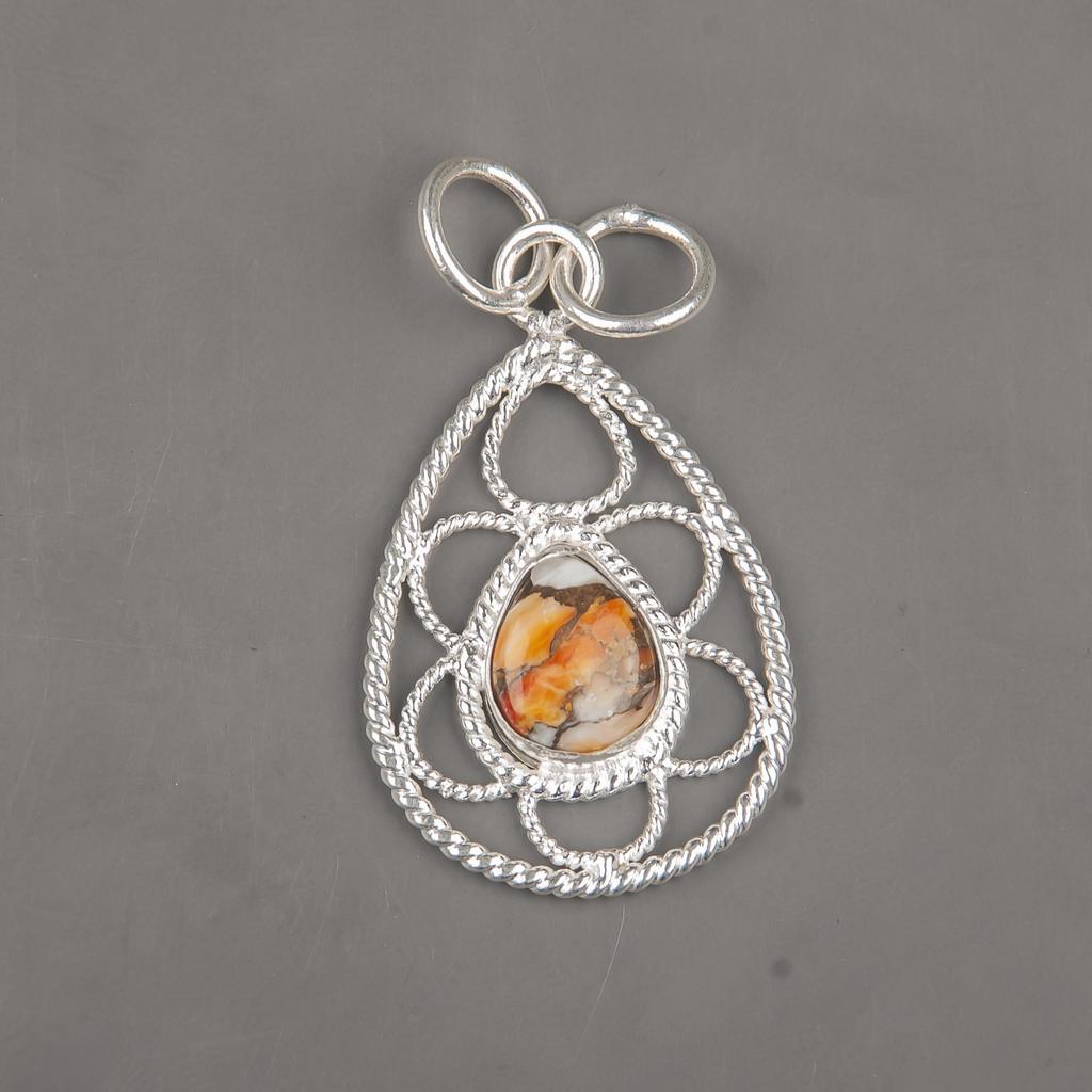 Orange Copper Turquoise 925 Solid Sterling Silver Pendant, Handmade Gemstone Pendant Jewelry, Designer Pendant For Her