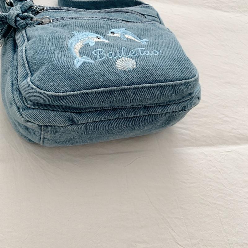 Vintage Denimtasche Damen Mehrschichtig Kleine Tasche Bestickt Schulter Crossbody-Tasche