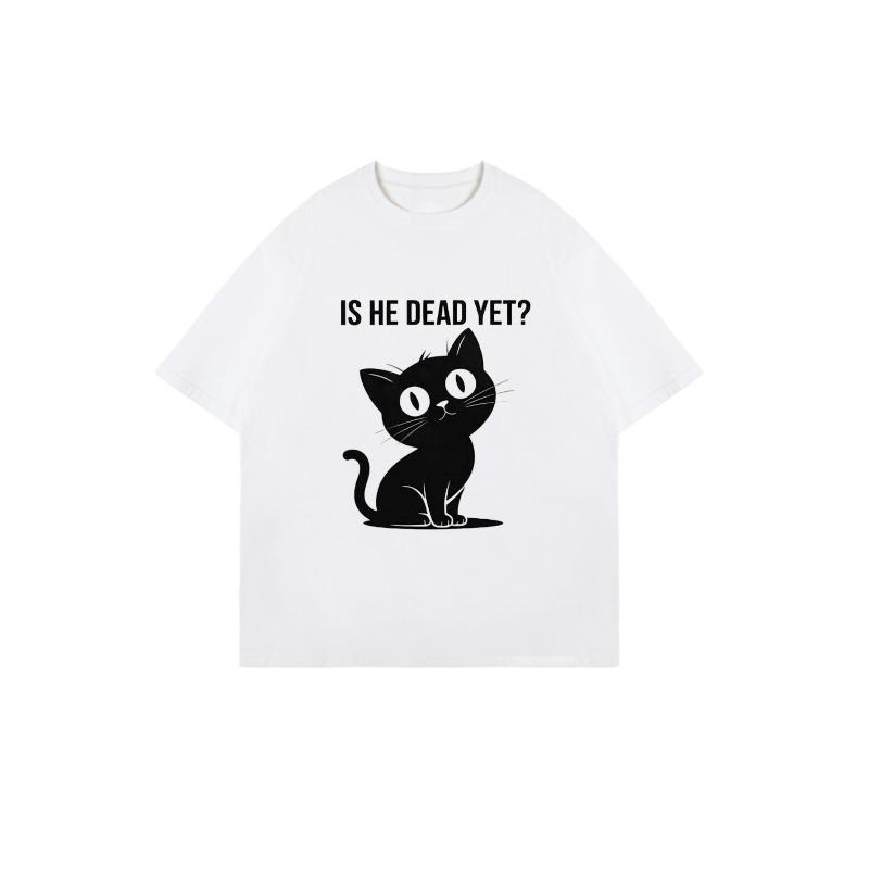 Oversized T Shirt Black Cat And Text Is He Dead Yet Casual Wear For Women