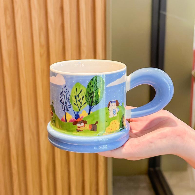 Cute Fairy Tale Puppy Water Cup Couple High Value Ceramic Mug with Lid Spoon Birthday Graduation Gift for Boys and Girls