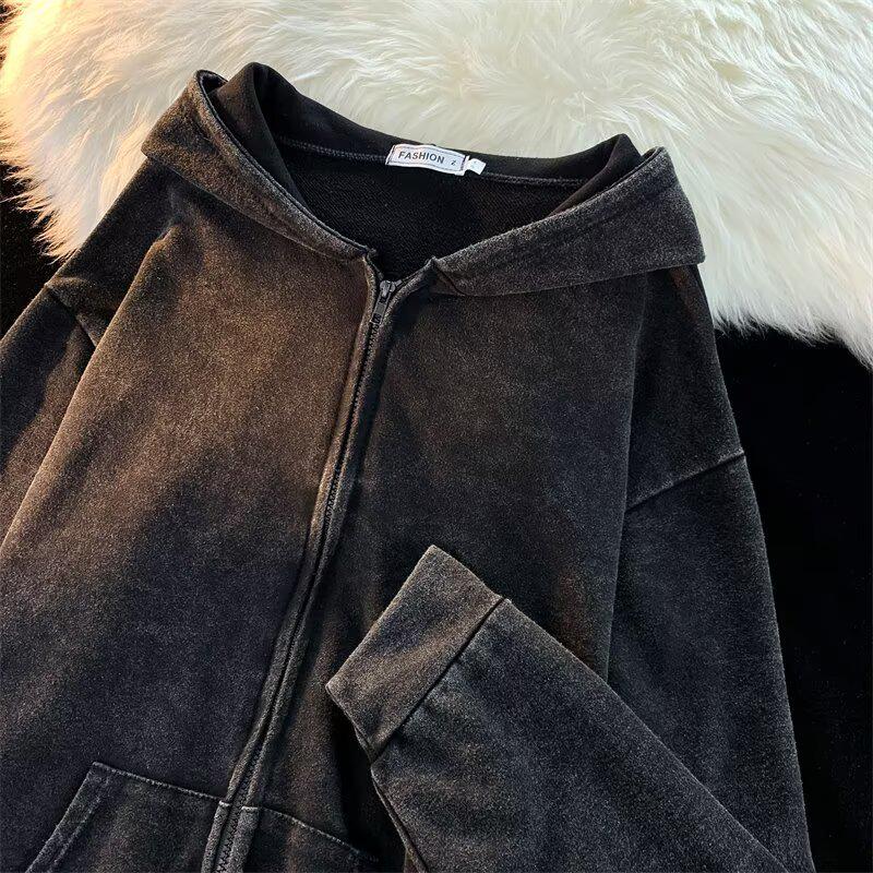 Men's Retro Oversized Distressed Hooded Sweatshirt Jacket - Spring/Autumn Loose Fit Zipper Cardigan