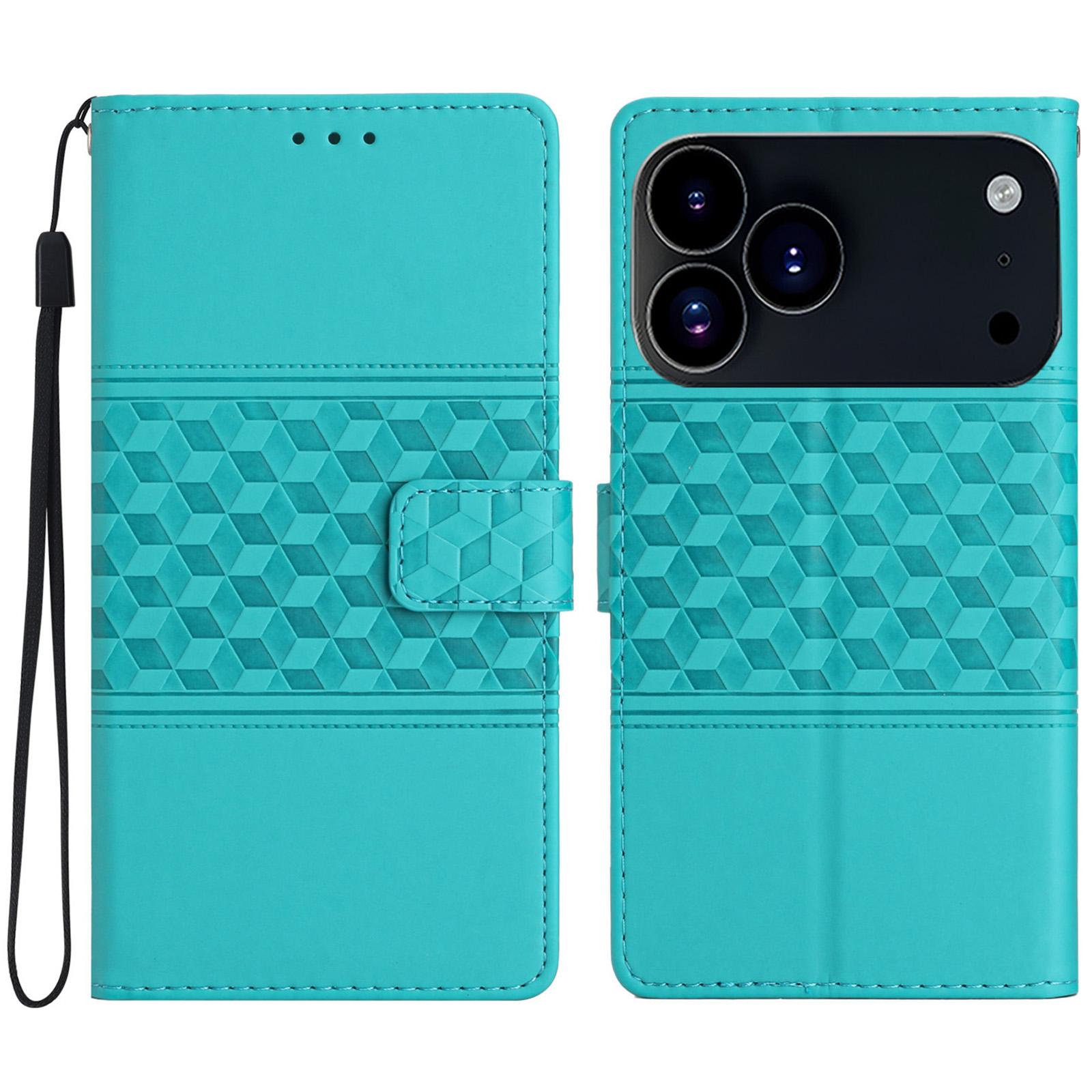 

For iPhone 17 Pro Case Rhombus Leather Horizontal Flip Phone Cover with Wrist Strap Sky Blue