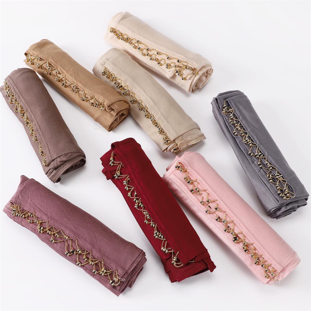 Handmade Beaded Gold Rings Soft Basic Cotton Elasticity Jersey Hijab Solid Colors Long Shawl Muslim Women Scarf Hijabs Headwrap