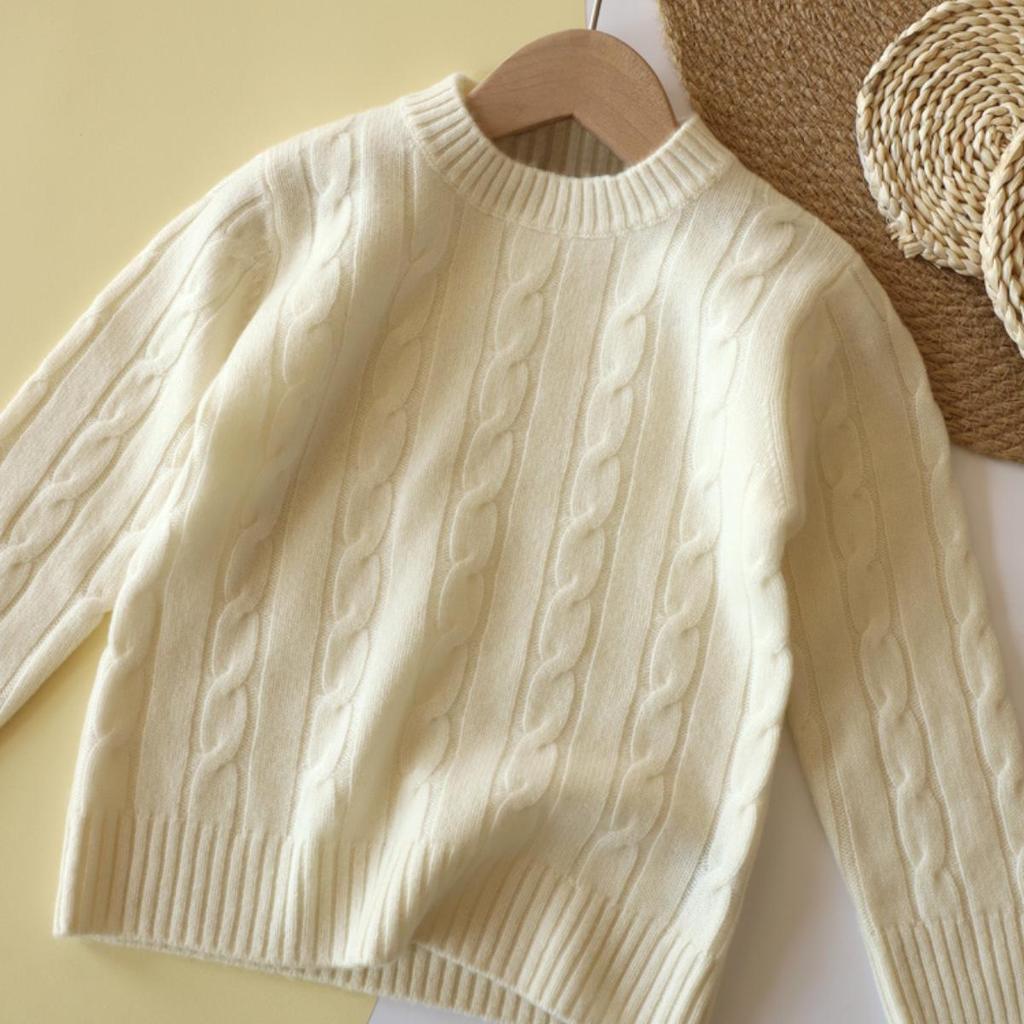 Unisex Children's Wool Sweater, Autumn/Winter 2025 - Solid Color Cable Knit Pullover with Round Neck