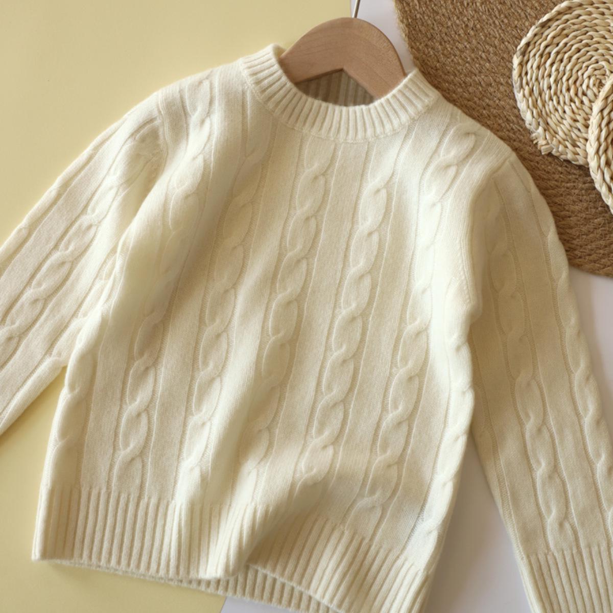 

Unisex Children s Wool Sweater, Autumn/Winter 2025 - Solid Color Cable Knit Pullover with Round Neck 130 cm