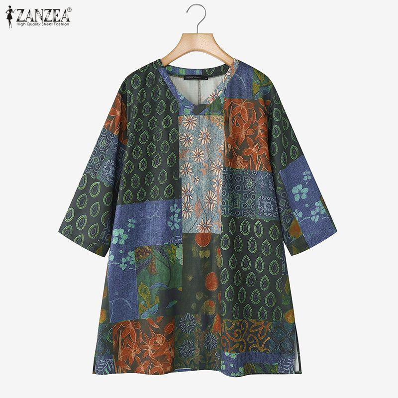 ZANZEA Blusa Casual de Verano para Mujer con Cuello Redondo y Manga Corta con Estampado Floral Retro