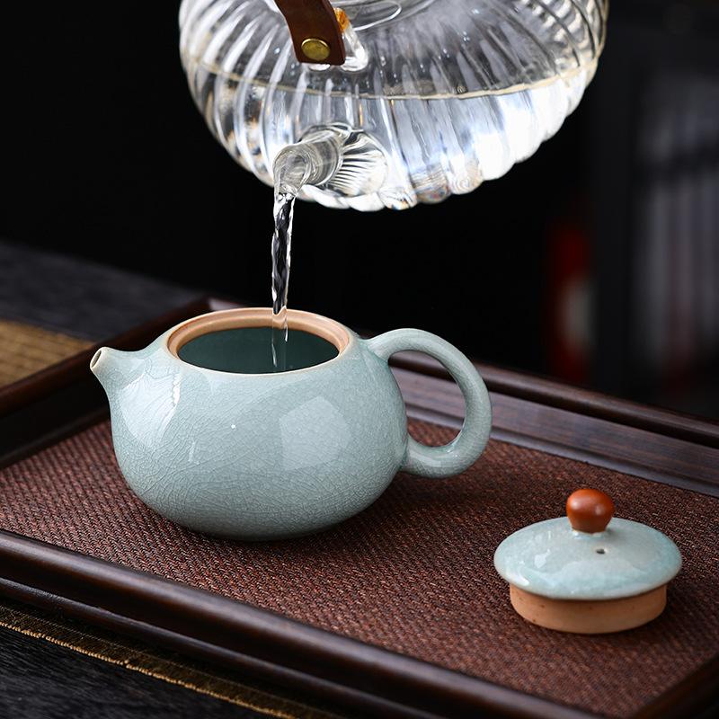 Ru Kiln Ice Flower Opening, One Pot and Two Cups of Portable Ceramic Travel Tea Set, Teapot Outdoor Kung Fu Tea Set