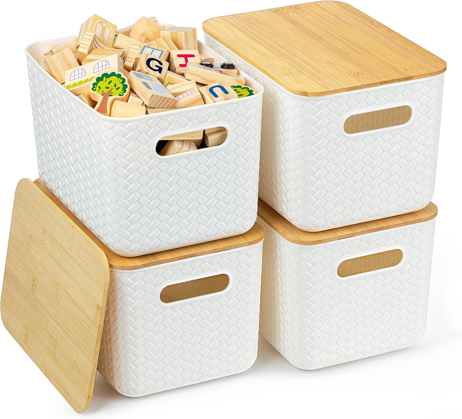 4 Packs Storage Bins with Bamboo Lids - Plastic Storage Containers with Lids Stackable Storage Baskets 1 pack