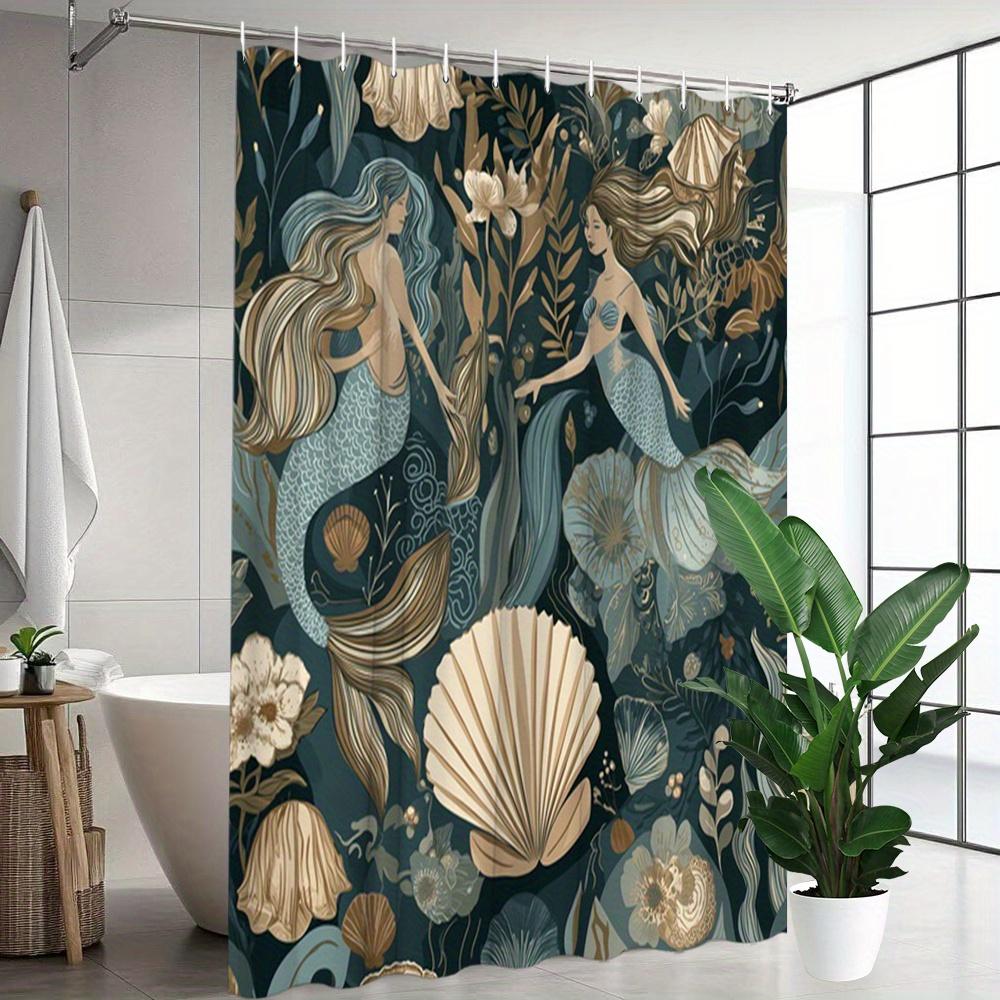 

Boho Mermaid Shower Curtain With Seashell And Floral Design Dark Teal Background Waterproof Fabric For Enchanting Bathroom Decor W60H190(CM)-1 Pcs