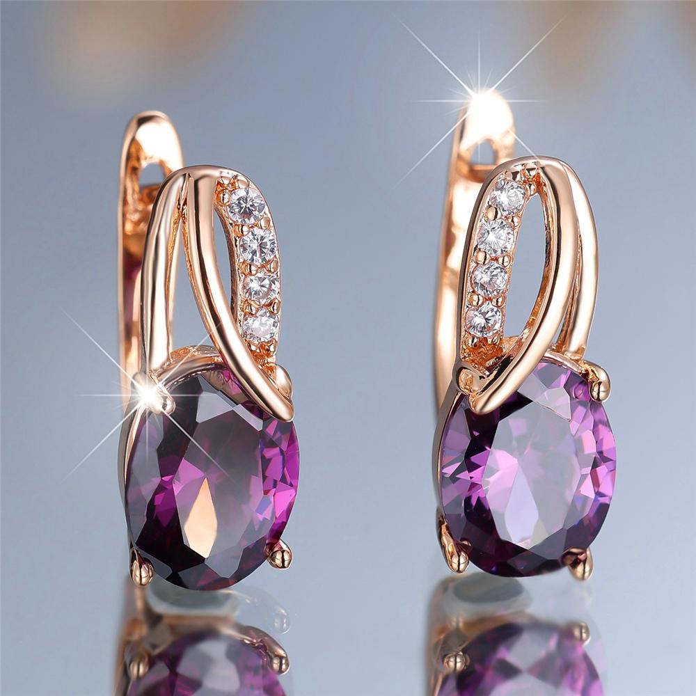 Luxury Female Purple Oval Zircon Stone Hoop Earrings Fashion Gold Color Wedding Jewelry For Women