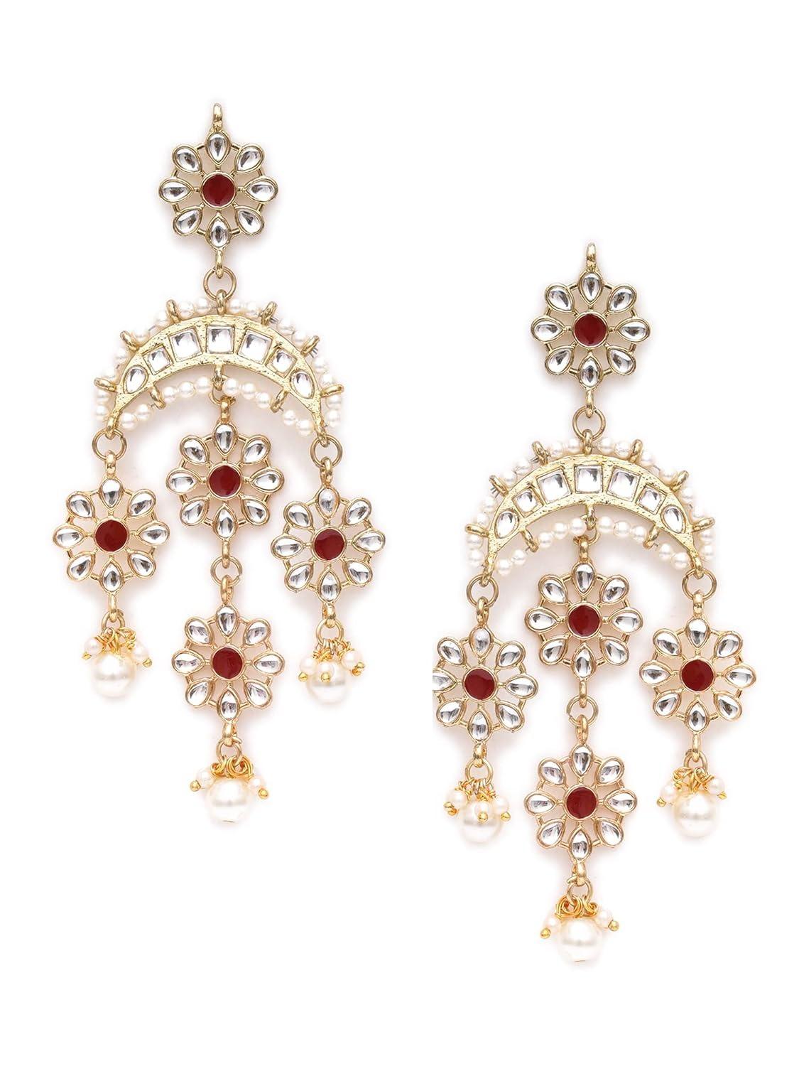 

Gold Plated Floral Red Meena Kundan Dangler Earrings for Women Onesize