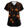 Women's V-Neck Short Sleeve Scrub Top with Pockets Halloween Print Uniform for Work