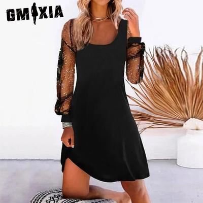 Women's Fashion Spring Autumn Solid Color Print Long Sleeve U-Neck High Waist Casual Dresses