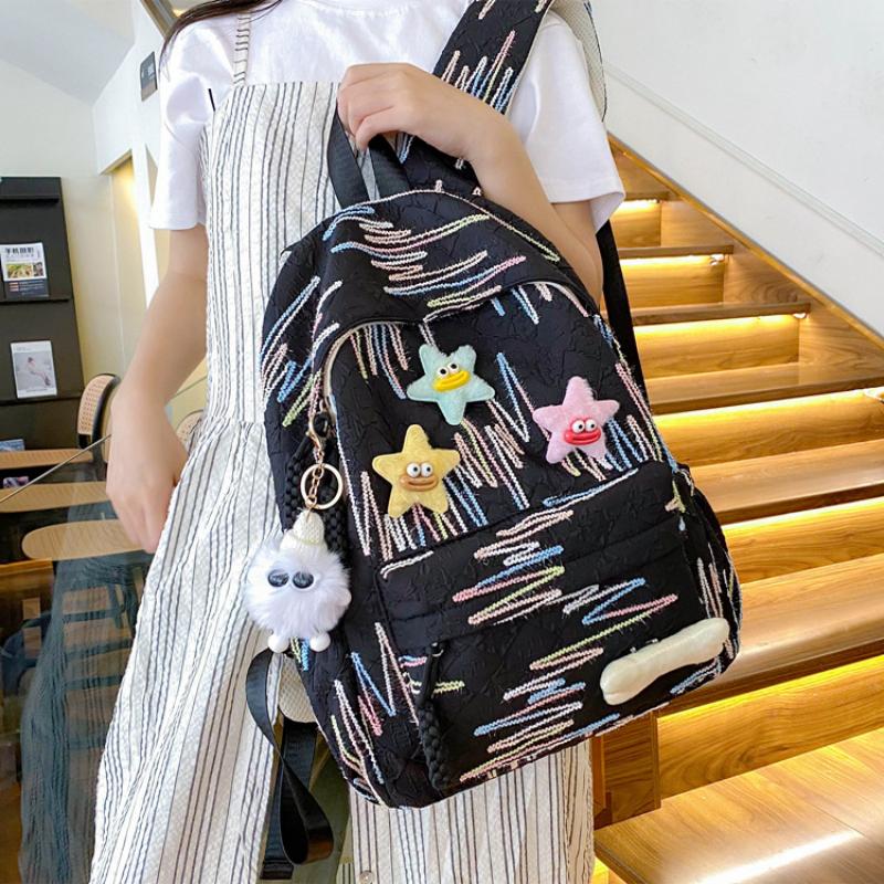 Autumn New Simple Lightweight Student Backpack Junior/high School Girl Schoolbag Cute Sweet Embroidery Striped Travel Book Bags with Cartoon Pendant