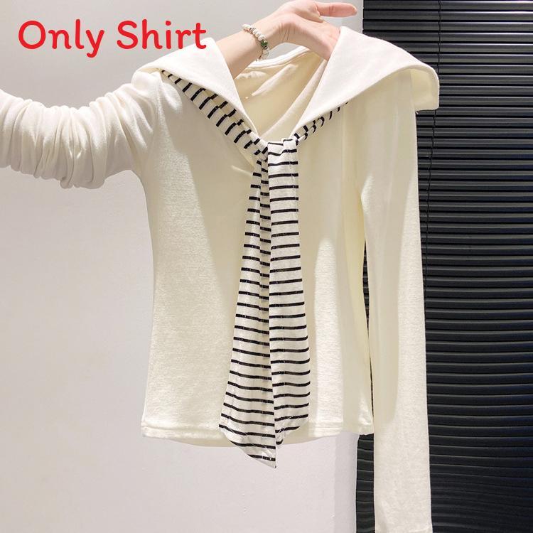 Minimalist Long Sleeve T Shirt For Women With Striped Pattern And Crew Neck For Casual Wear