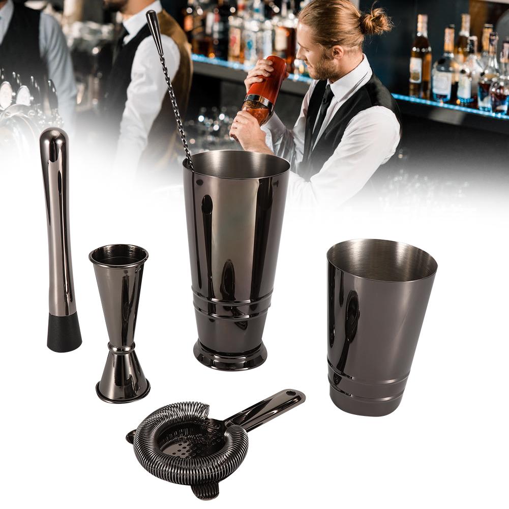 5Pcs/Set Black Stainless Steel Boston Cocktail Shaker Measuring Cup Strainer Mixing Spoon Set