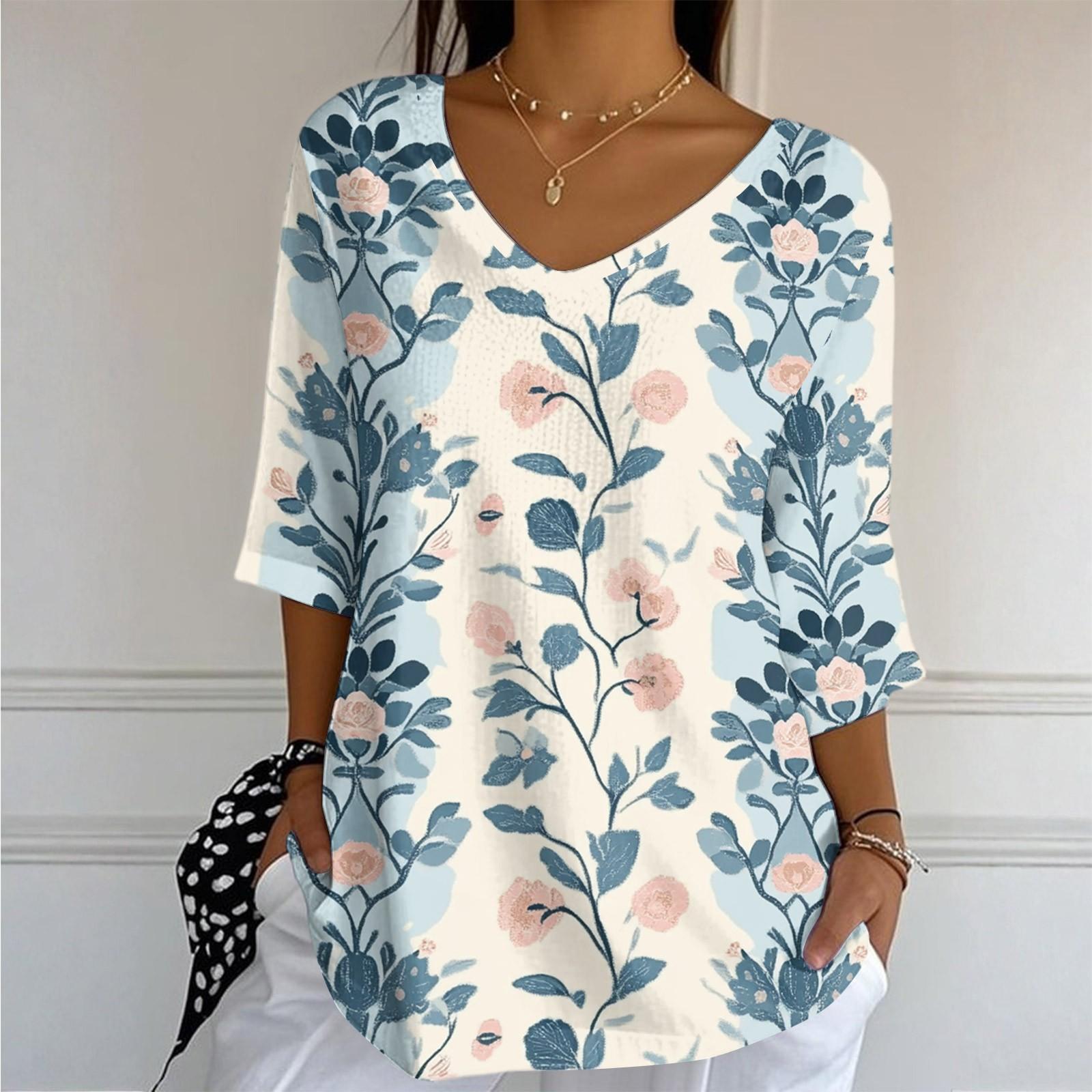 

Женский повседневный и модный топ с V-образным вырезом, цветочным принтом и рукавами три четверти L