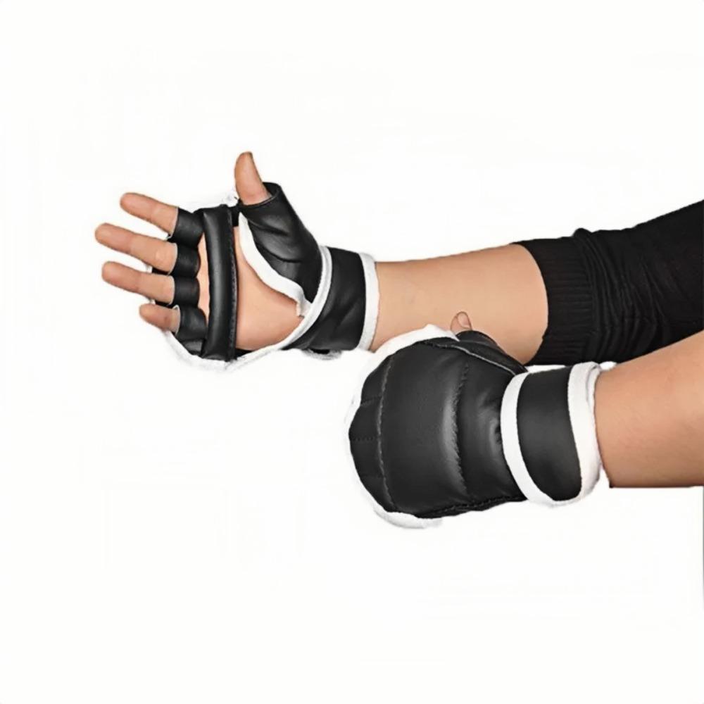 1 pár černých půlprstových boxerských rukavic PU kožené bojové kick boxerské rukavice Karate Muay Thai tréninkové rukavice pro děti Muži