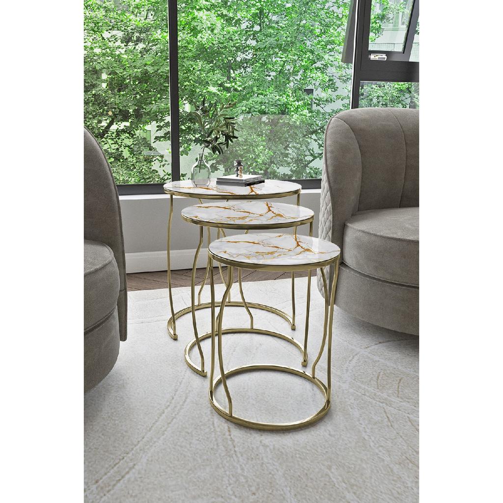Rya 3-seat Nesting Coffee Table Gold Color Metal Leg, Marble Patterned Shatterproof Glass