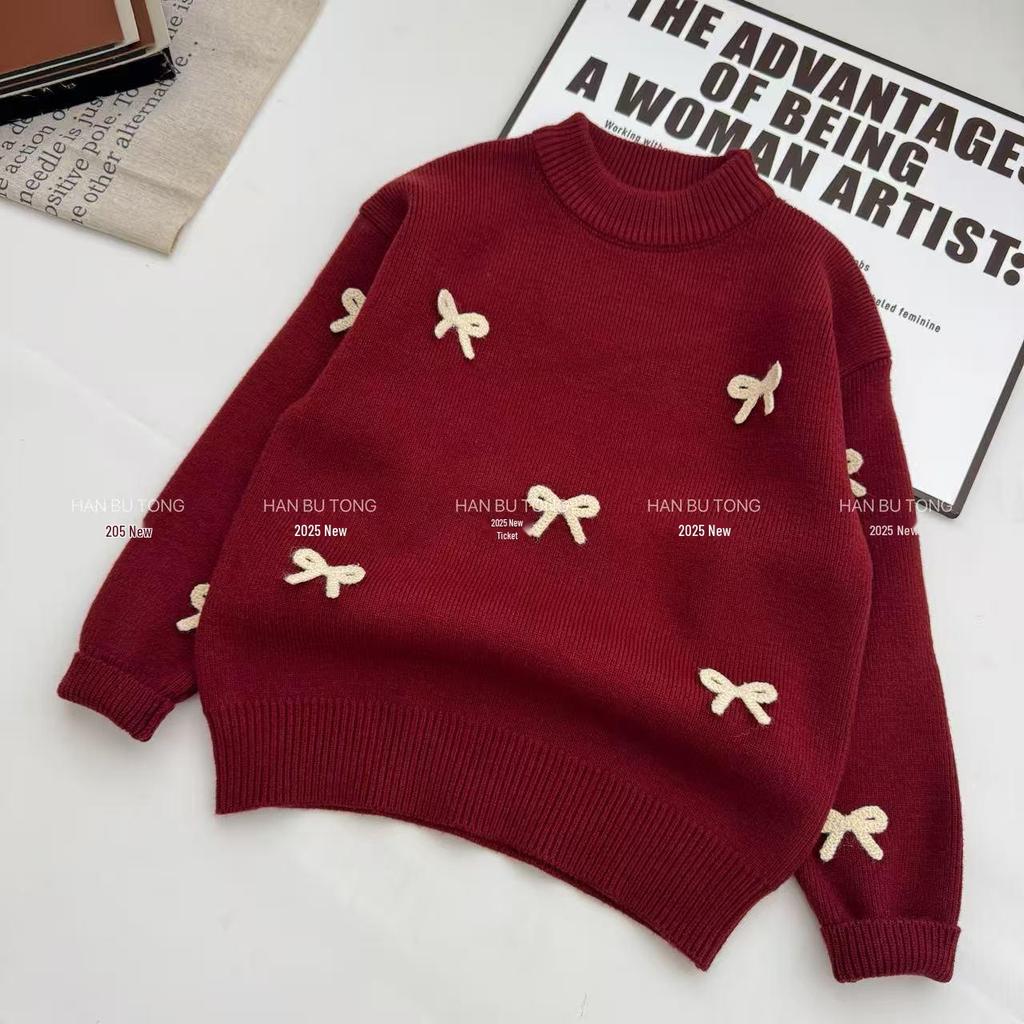 Girls' 2025 Sweater and Jeans Set: Warm Autumn/Winter Knit Pullover with Bow.