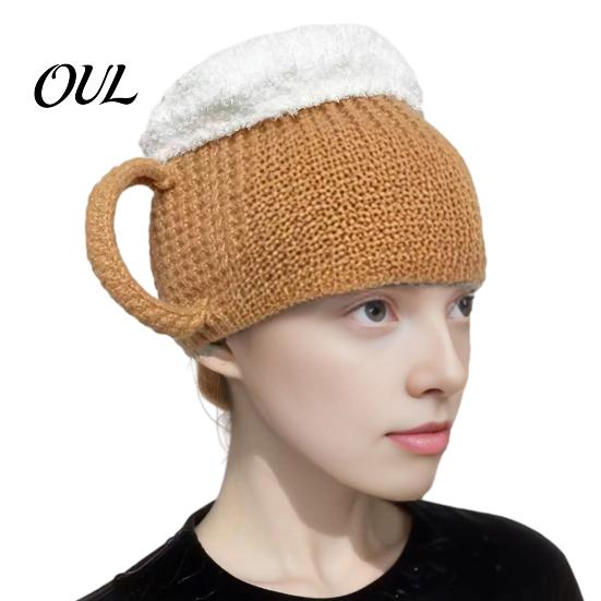 Humorous Costume Hat for Men And Women Funny Beer Mug Hat, Novelty Knitted Leg Warmers Outdoor Hiking Warm Headgear with Handles, Winter Gloves