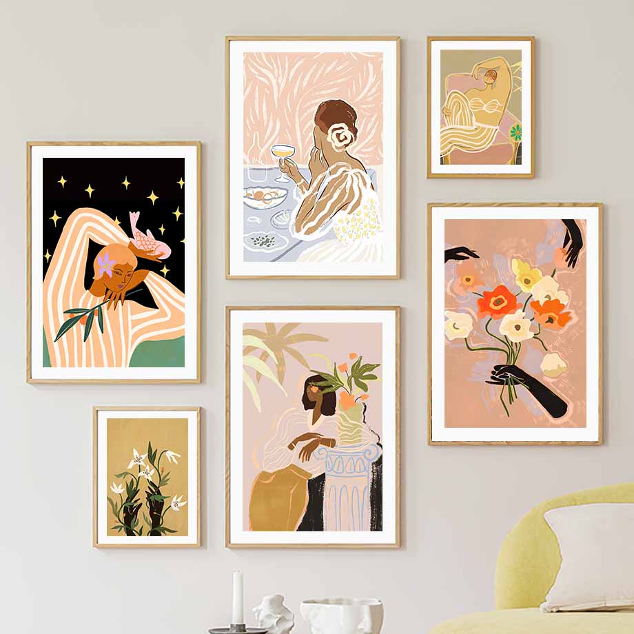 Retro Line Girl Lemon Flower LeafVase Abstract Gallery Poster And Prints Wall Art Canvas Painting Pictures For Living Room Decor