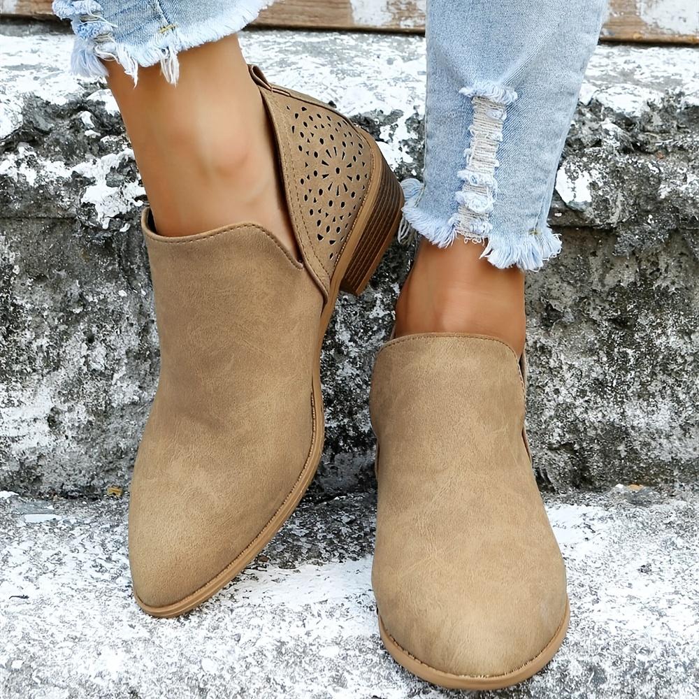 Elegantní kotníkové boty s V-výstřihem - Děrovaný robustní podpatek, Špičatá špička, Pohodlná stélka, Snadný nazouvací design, Stylová dámská obuv pro každodenní nošení