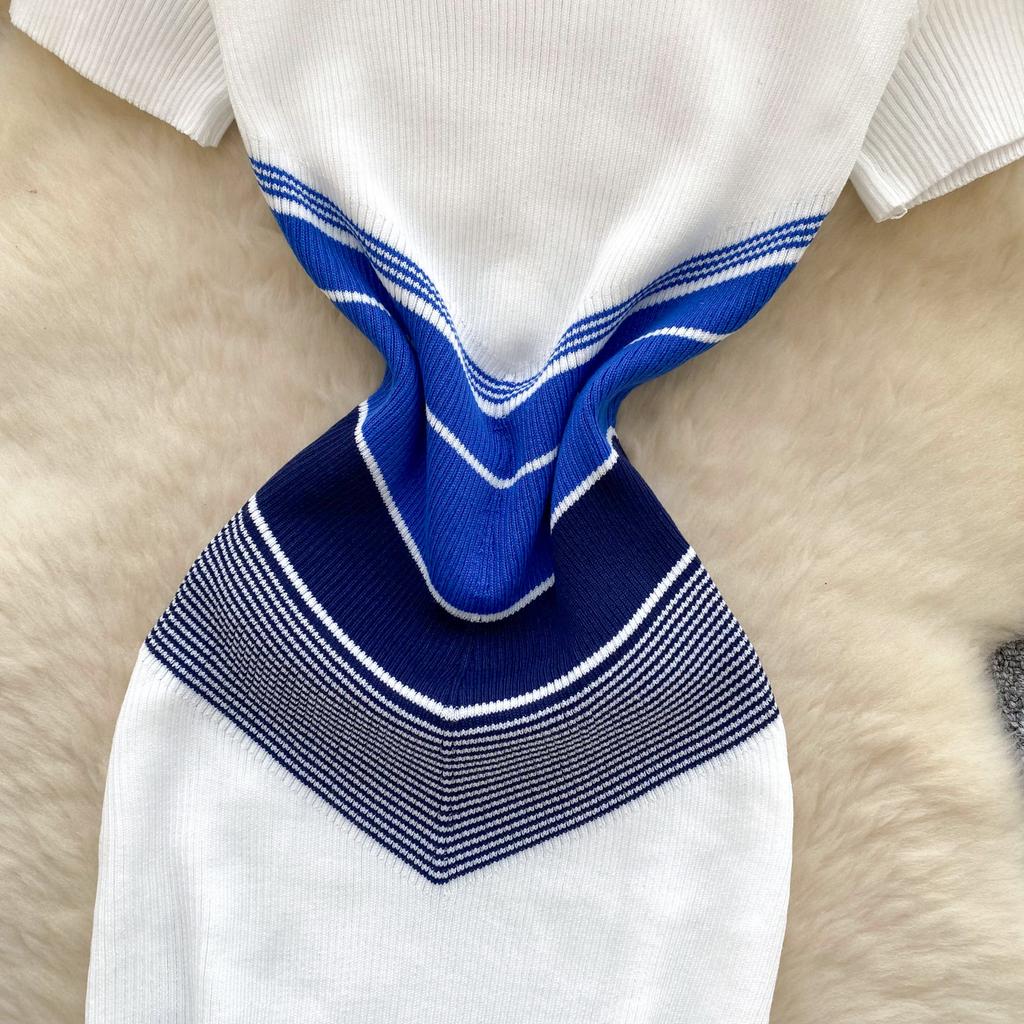 Robe courte moulante en tricot à taille fine et patchwork vintage pour femme, tenue d'été décontractée