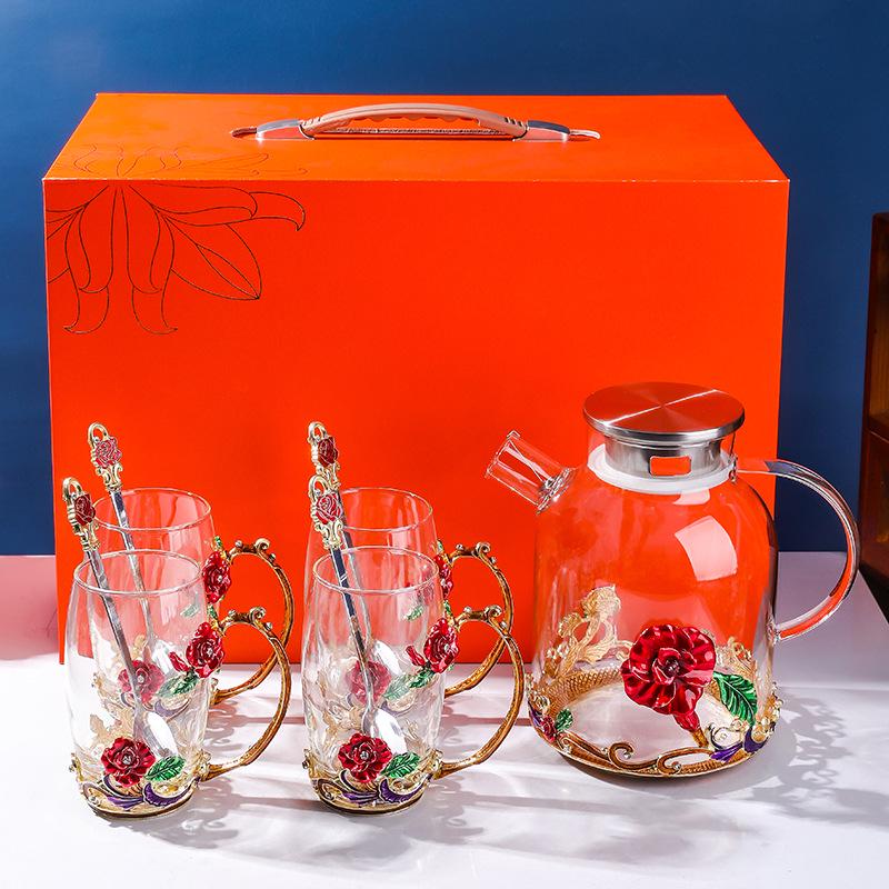 Colored Enamel Flower Glass Tea and Coffee Cup Set for Home and Office