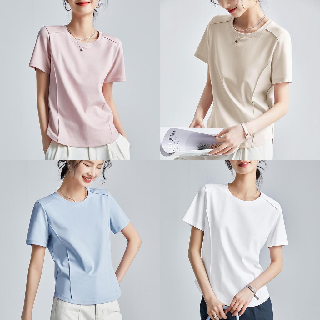 Camiseta de Manga Corta de Algodón y Seda para Mujer con Diseño de Empalme para Estilo Urbano Casual