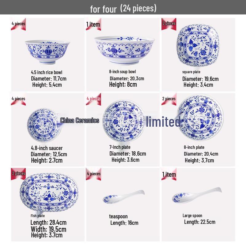 Jingdezhen Blue & White Ceramic Dinnerware Set: Plates, Bowls, Dishes, Spoons - Perfect for Housewarming Gift
