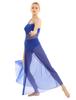 Dance Costume Practice Wear Mesh Splice Asymmetrical Mesh Maxi Dance Dress with Built-In Leotard