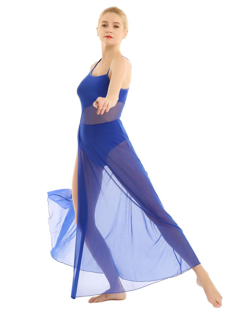 Dance Costume Practice Wear Mesh Splice Asymmetrical Mesh Maxi Dance Dress with Built-In Leotard