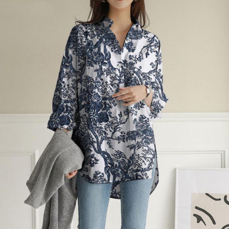 Damen Blumenprint Hemd Stehkragen 3/4 Ärmel Knopfleiste Locker Tunika Top