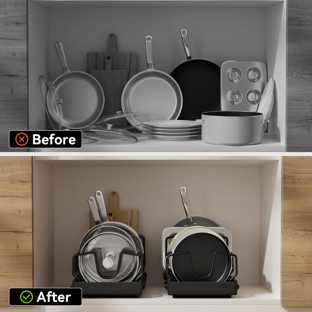 Pull Out Pot Lids Organizer Rack, 2pcs Pots and Pans Organizer for Under Cabinet, Pot Lid Holder with 8 Adjustable Compartment for Kitchen Cabinet
