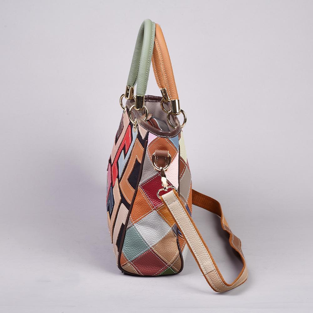 Echtes Leder Damen Ethno-Stil Colorblock Crossbody Schultertasche